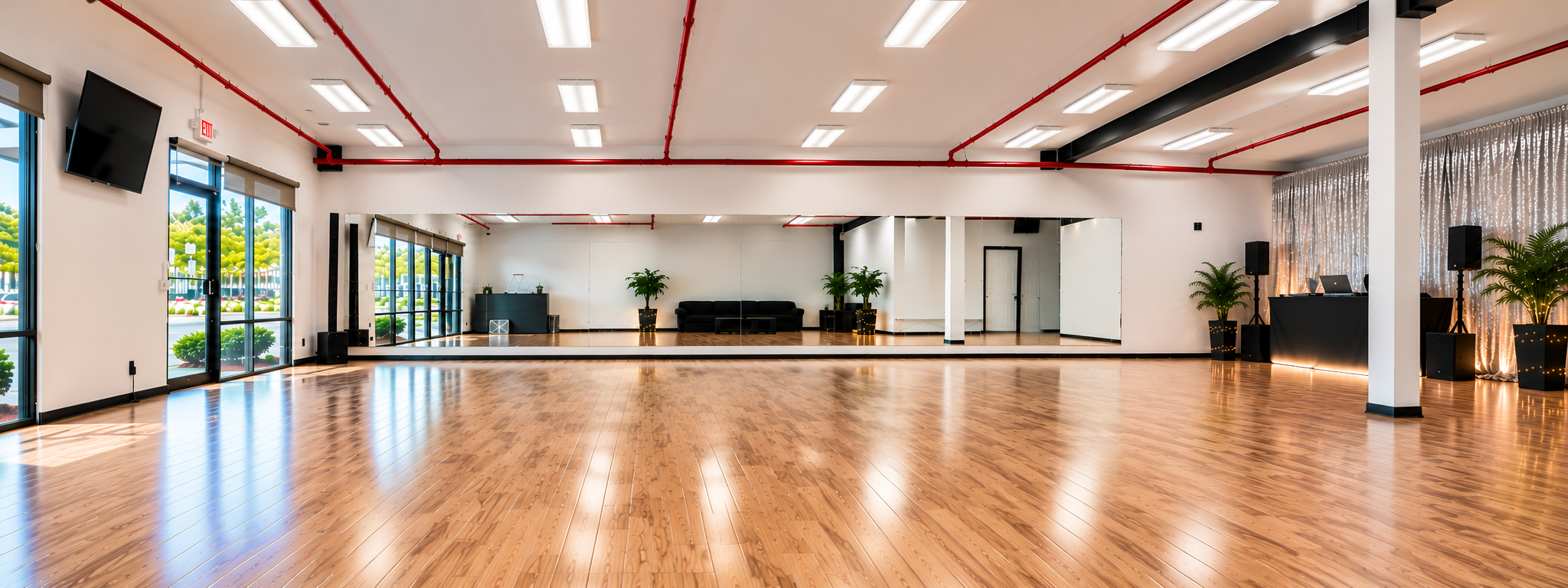 Vida Dance Co. studio with wood dance floors, mirrors, tall windows, and a DJ area